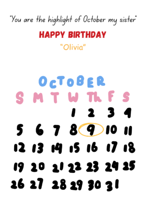 October Birthday Calendar Card for Sister