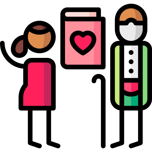 A woman icon and a man icon with colorful simple design on a black background. A pink gift box with a black heart is placed between them.