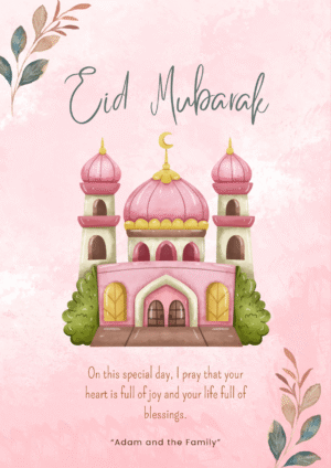 Elegant Mosque Eid Mubarak Card, Pink and Gold Design