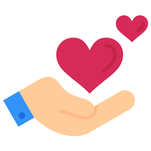 A cartoon hand with a blue cuff extends upward, releasing two pink hearts on a black background, symbolizing love, care, and generosity.